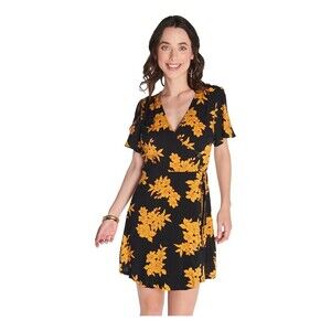 All In Favor Women's Short Sleeve Wrap Dress In Orange Black Floral Print Size S